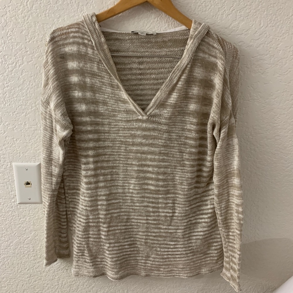 White + Warren Pullover knitted V Neck with Hood